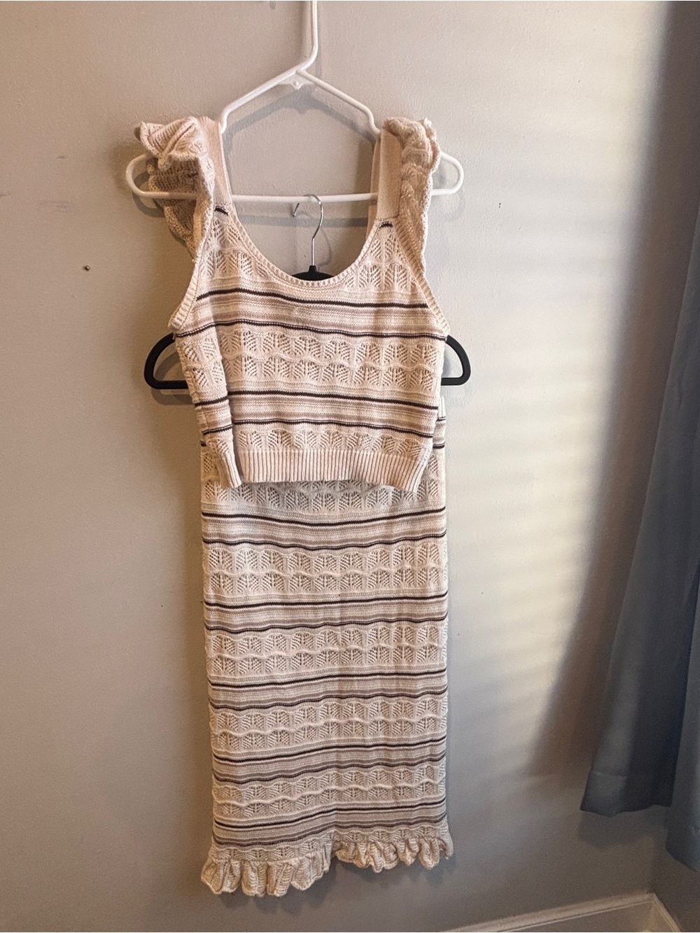 Eyelet Knit Cream Tank Top with Navy Stripe Detail